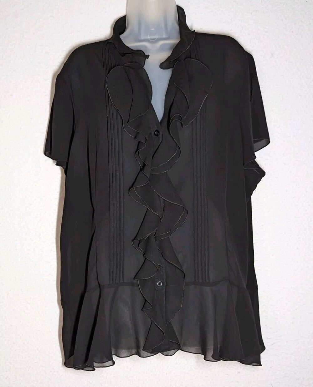 Marianne Sheer Blouse Women's Size 3XL Black Ruffle Front Top Short Sleeve VNeck